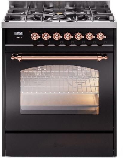 ILVE Nostalgie II 30-Inch Dual Fuel Freestanding Range in Glossy Black with Copper Trim (UP30NMPBKP)