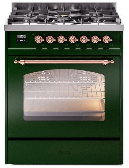 ILVE Nostalgie II 30-Inch Dual Fuel Freestanding Range in Emerald Green with Copper Trim (UP30NMPEGP)