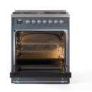 ILVE Nostalgie II 30 inch Propane Gas Range with 5 Sealed Burners with Triple Glass Door in Blue Grey with Burnished Trim