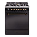 ILVE Nostalgie II 30 inch Propane Gas Range with 5 Sealed Burners with Triple Glass Door in Glossy Black with Burnished Trim