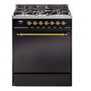 ILVE Nostalgie II 30-Inch Dual Fuel Range with Solid Door in Glossy Black with Brass Trim (UP30QNMPBKG)