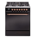 ILVE Nostalgie II 30 inch Propane Gas Range with 5 Sealed Burners with Triple Glass Door in Glossy Black with Copper Trim