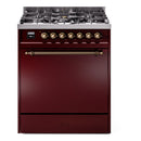 ILVE Nostalgie II 30 inch Propane Gas Range with 5 Sealed Burners with Triple Glass Door in Burgundy with Burnished Trim