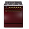 ILVE Nostalgie II 30 inch Propane Gas Range with 5 Sealed Burners with Triple Glass Door in Burgundy with Brass Trim