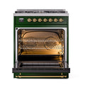 ILVE Nostalgie II 30 inch Propane Gas Range with 5 Sealed Burners with Triple Glass Door in Emerald Green with Brass Trim