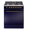 ILVE Nostalgie II 30 inch Propane Gas Range with 5 Sealed Burners with Triple Glass Door in Midnight Blue with Burnished Trim
