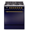 ILVE Nostalgie II 30 inch Propane Gas Range with 5 Sealed Burners with Triple Glass Door in Midnight Blue with Brass Trim