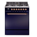 ILVE Nostalgie II 30 inch Propane Gas Range with 5 Sealed Burners with Triple Glass Door in Midnight Blue with Copper Trim