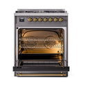 ILVE Nostalgie II 30 inch Propane Gas Range with 5 Sealed Burners with Triple Glass Door in Graphite Matte with Brass Trim