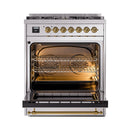 ILVE Nostalgie II 30 inch Propane Gas Range with 5 Sealed Burners with Triple Glass Door in Stainless Steel with Brass Trim