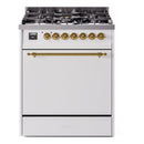 ILVE Nostalgie II 30 inch Propane Gas Range with 5 Sealed Burners with Triple Glass Door in White with Brass Trim