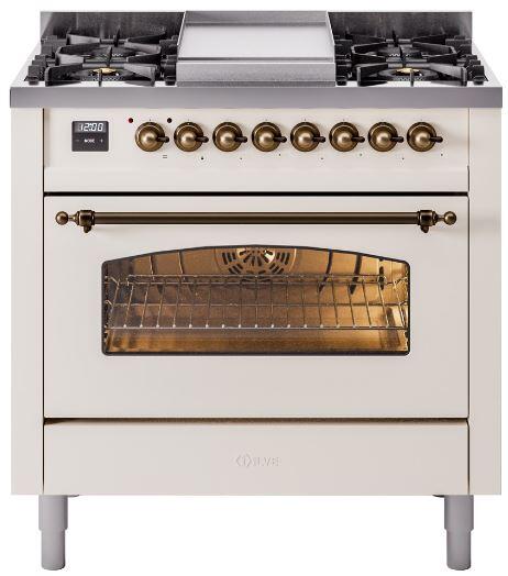 ILVE Nostalgie II 36-Inch Dual Fuel Freestanding Range with Removable Griddle in Antique White with Bronze Trim (UP36FNMPAWB)