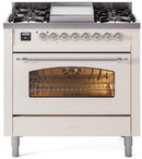 ILVE Nostalgie II 36-Inch Dual Fuel Freestanding Range with Removable Griddle in Antique White with Chrome Trim (UP36FNMPAWC)