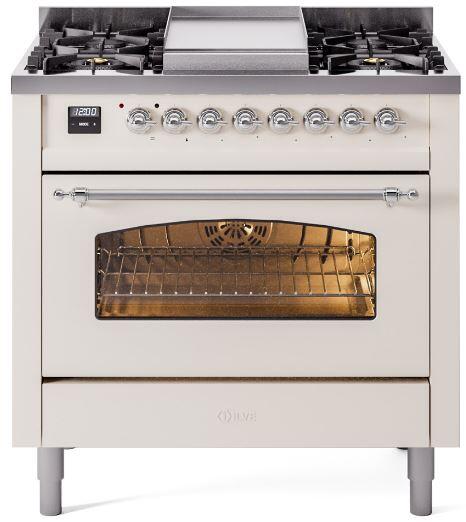 ILVE Nostalgie II 36-Inch Dual Fuel Freestanding Range with Removable Griddle in Antique White with Chrome Trim (UP36FNMPAWC)