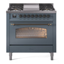 ILVE Nostalgie II 36-Inch Dual Fuel Freestanding Range with Removable Griddle in Blue Grey with Bronze Trim (UP36FNMPBGB)