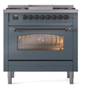 ILVE Nostalgie II 36-Inch Dual Fuel Freestanding Range with Removable Griddle in Blue Grey with Bronze Trim (UP36FNMPBGB)