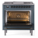 ILVE Nostalgie II 36-Inch Dual Fuel Freestanding Range with Removable Griddle in Blue Grey with Bronze Trim (UP36FNMPBGB)