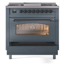 ILVE Nostalgie II 36-Inch Dual Fuel Freestanding Range with Removable Griddle in Blue Grey with Bronze Trim (UP36FNMPBGB)
