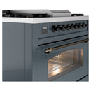 ILVE Nostalgie II 36-Inch Dual Fuel Freestanding Range with Removable Griddle in Blue Grey with Bronze Trim (UP36FNMPBGB)