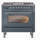 ILVE Nostalgie II 36-Inch Dual Fuel Freestanding Range with Removable Griddle in Blue Grey with Chrome Trim (UP36FNMPBGC)