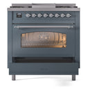 ILVE Nostalgie II 36-Inch Dual Fuel Freestanding Range with Removable Griddle in Blue Grey with Chrome Trim (UP36FNMPBGC)
