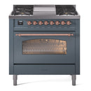 ILVE Nostalgie II 36-Inch Dual Fuel Freestanding Range with Removable Griddle in Blue Grey with Copper Trim (UP36FNMPBGP)