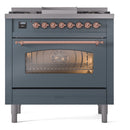 ILVE Nostalgie II 36-Inch Dual Fuel Freestanding Range with Removable Griddle in Blue Grey with Copper Trim (UP36FNMPBGP)