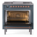 ILVE Nostalgie II 36-Inch Dual Fuel Freestanding Range with Removable Griddle in Blue Grey with Copper Trim (UP36FNMPBGP)