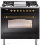 ILVE Nostalgie II 36-Inch Dual Fuel Freestanding Range with Removable Griddle in Glossy Black with Brass Trim (UP36FNMPBKG)