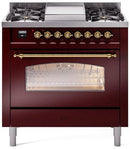 ILVE Nostalgie II 36-Inch Dual Fuel Freestanding Range with Removable Griddle in Burgundy with Brass Trim (UP36FNMPBUG)