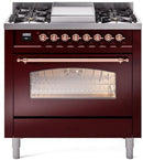 ILVE Nostalgie II 36-Inch Dual Fuel Freestanding Range with Removable Griddle in Burgundy with Copper Trim (UP36FNMPBUP)