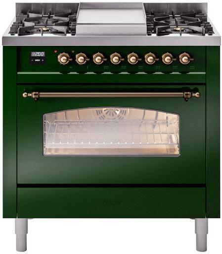 ILVE Nostalgie II 36-Inch Dual Fuel Freestanding Range  with Removable Griddle in Emerald Green with Bronze Trim (UP36FNMPEGB)