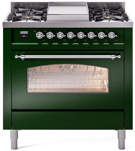 ILVE Nostalgie II 36-Inch Dual Fuel Freestanding Range  with Removable Griddle in Emerald Green with Chrome Trim (UP36FNMPEGC)