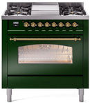 ILVE Nostalgie II 36-Inch Dual Fuel Freestanding Range with Removable Griddle in Emerald Green with Brass Trim (UP36FNMPEGG)