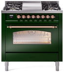 ILVE Nostalgie II 36-Inch Dual Fuel Freestanding Range with Removable Griddle in Emerald Green with Copper Trim (UP36FNMPEGP)
