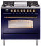 ILVE Nostalgie II 36-Inch Dual Fuel Freestanding Range with Removable Griddle in Midnight Blue with Bronze Trim (UP36FNMPMBB)