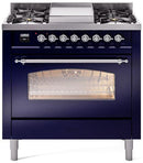 ILVE Nostalgie II 36-Inch Dual Fuel Freestanding Range with Removable Griddle in Midnight Blue with Chrome Trim (UP36FNMPMBC)