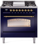 ILVE Nostalgie II 36-Inch Dual Fuel Freestanding Range with Removable Griddle in Midnight Blue with Brass Trim (UP36FNMPMBG)