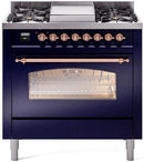 ILVE Nostalgie II 36-Inch Dual Fuel Freestanding Range with Removable Griddle in Midnight Blue with Copper Trim (UP36FNMPMBP)