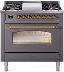 ILVE Nostalgie II 36-Inch Dual Fuel Freestanding Range with Removable Griddle in Matte Graphite with Brass Trim (UP36FNMPMGG)