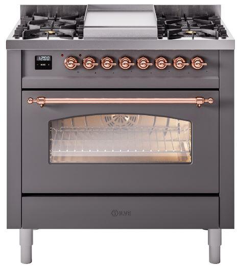 ILVE Nostalgie II 36-Inch Dual Fuel Freestanding Range with Removable Griddle in Matte Graphite with Copper Trim (UP36FNMPMGP)