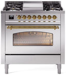 ILVE Nostalgie II 36-Inch Dual Fuel Freestanding Range with Removable Griddle in Stainless Steel with Brass Trim (UP36FNMPSSG)