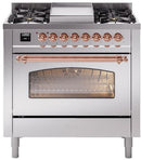 ILVE Nostalgie II 36-Inch Dual Fuel Freestanding Range with Removable Griddle in Stainless Steel with Copper Trim (UP36FNMPSSP)