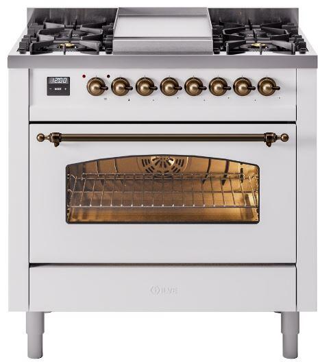 ILVE Nostalgie II 36-Inch Dual Fuel Freestanding Range with Removable Griddle in White with Bronze Trim (UP36FNMPWHB)