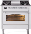 ILVE Nostalgie II 36-Inch Dual Fuel Freestanding Range with Removable Griddle in White with Chrome Trim (UP36FNMPWHC)