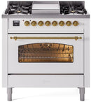 ILVE Nostalgie II 36-Inch Dual Fuel Freestanding Range with Removable Griddle in White with Brass Trim (UP36FNMPWHG)