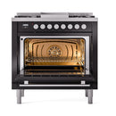 ILVE Professional Plus II 36-Inch 3.5 Cu. Ft. Propane Gas Dual Fuel Range with 6 Burners and Solid Door in Glossy Black (UP36FQMPBKLP)