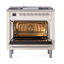 ILVE Nostalgie II 36 inch Propane Gas Range with 6 Sealed Burners, Griddle with Triple Glass Door in Antique White with Chrome Trim