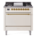 ILVE 36-Inch Nostalgie II Dual Fuel Range with 6 Burners and Solid Door Oven in Antique White with Brass Trim (UP36FQNMPAWG)