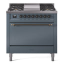 ILVE Nostalgie II 36 inch Propane Gas Range with 6 Sealed Burners, Griddle with Triple Glass Door in Blue Grey with Burnished Trim